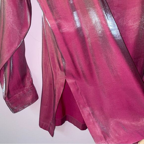 Avon L Blouse Pink Two Tone Dhoop Chao Shimmer Long Sleeve Button Collarless - Picture 12 of 12